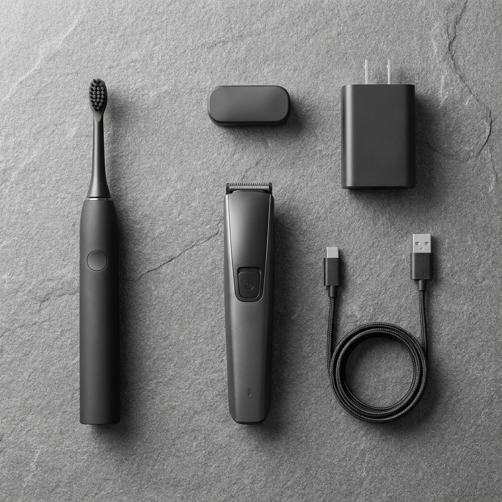 Minimalist tech grooming kit with trimmer and charger